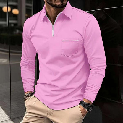 Long-sleeve sports polo shirt, pink quarter-zip with chest pocket