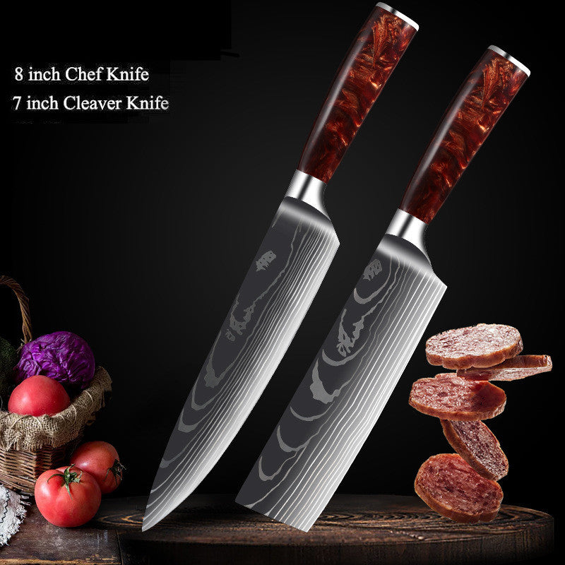 Premium Cutlery | Damascus Steel | with Red Resin Handles Kitchen Knives Set | Ectron Online