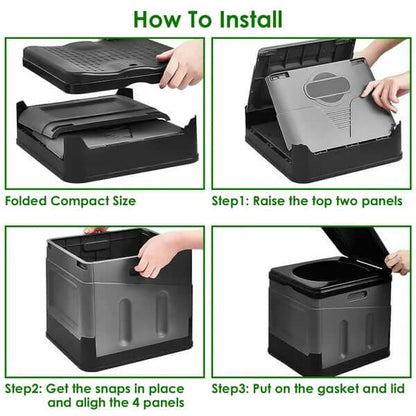 Grey portable foldable toilet with lid and side panels open, showing top mechanism