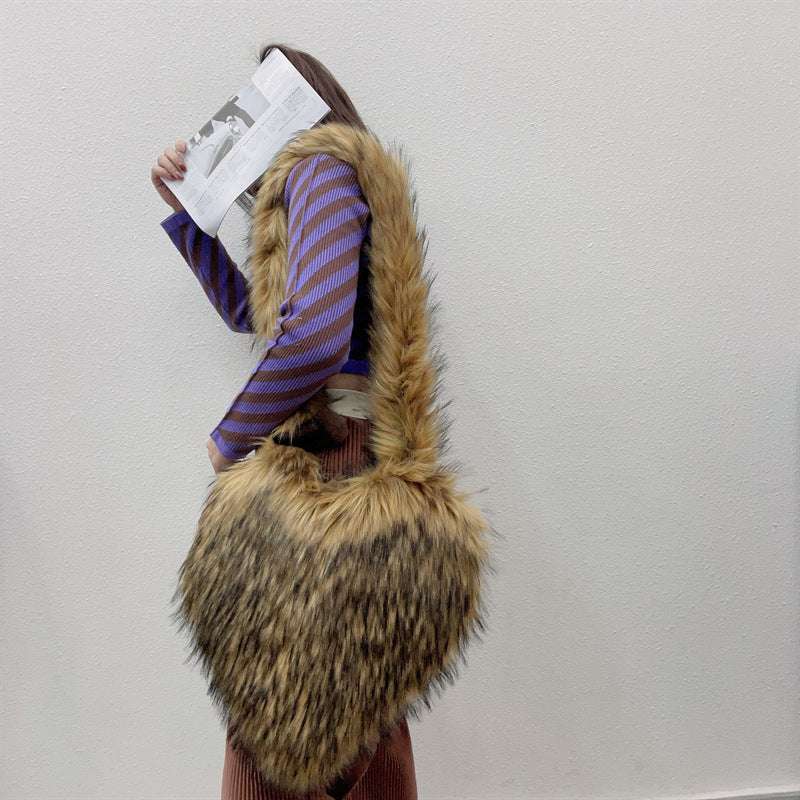 Plush Large Capacity Love Shoulder Bag for Women Winter Fleece Shoulder Bags Women Heart | Ectron Online