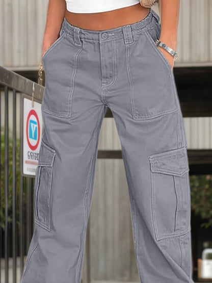 Grey cargo work pants, high-rise waist, front pleats, large side pockets, relaxed leg