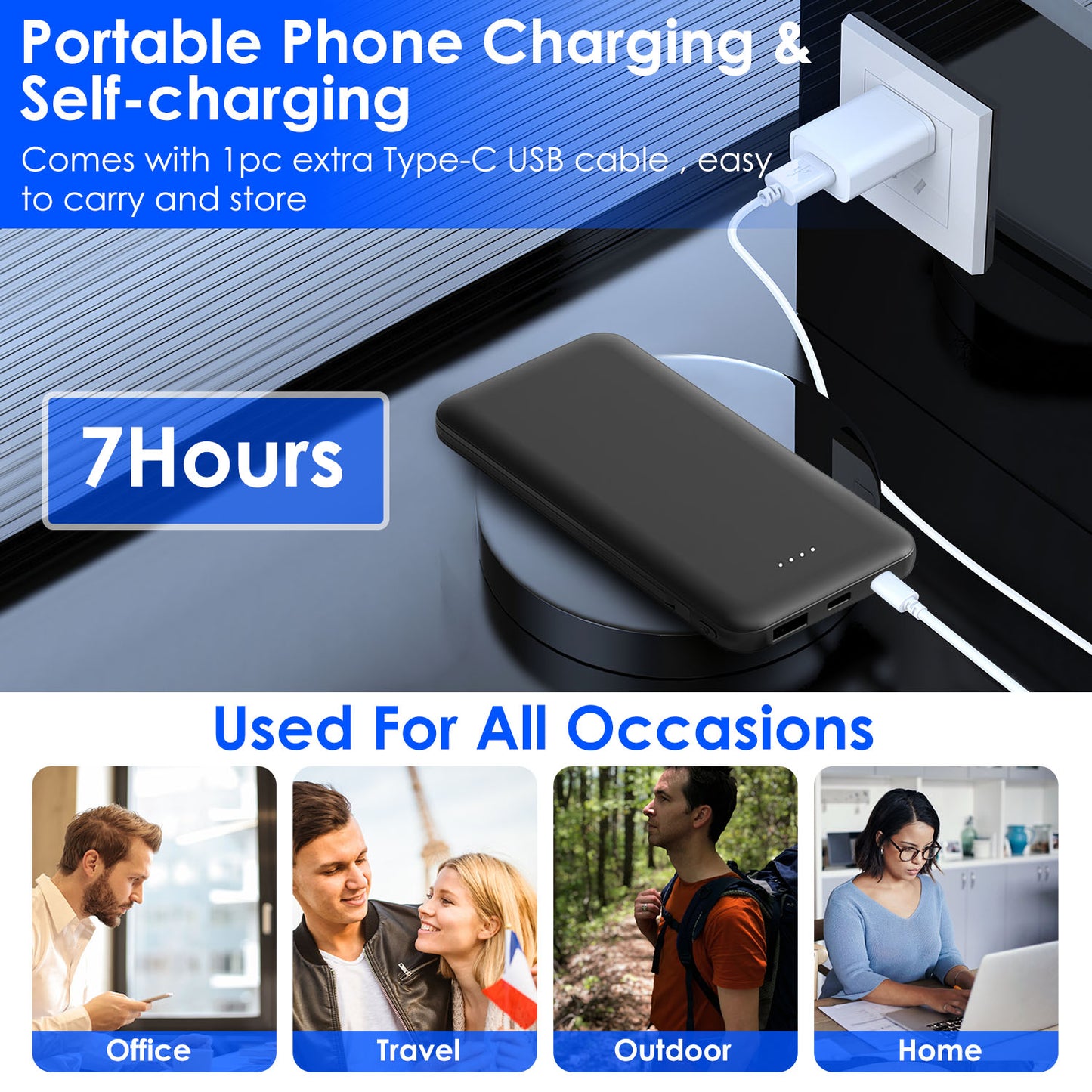 10000mAh Portable Power Bank with Built-in USB-C & Lightning Cables