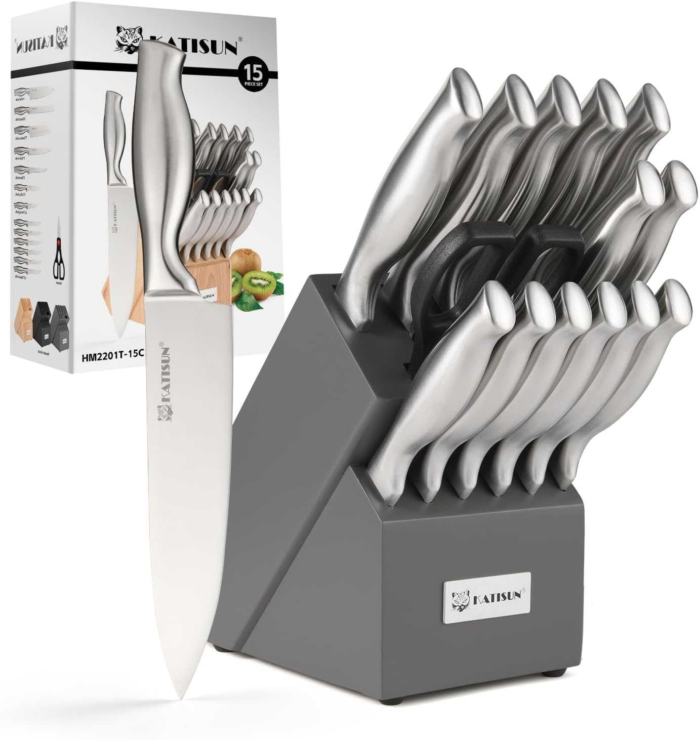 15-piece knife set with stainless knives arranged in gray storage block