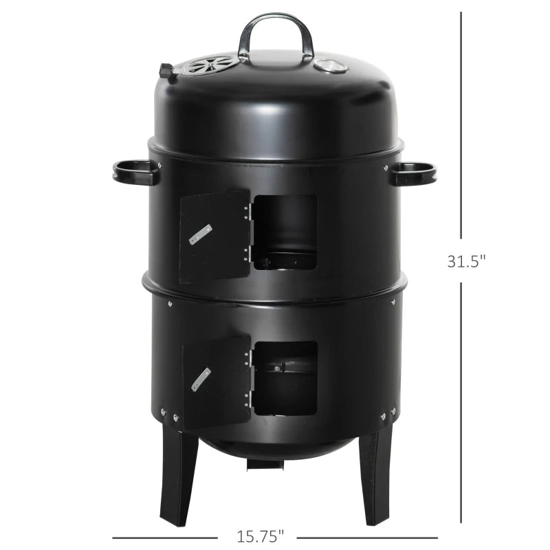 Black vertical charcoal smoker with two front doors and top handle, full front view