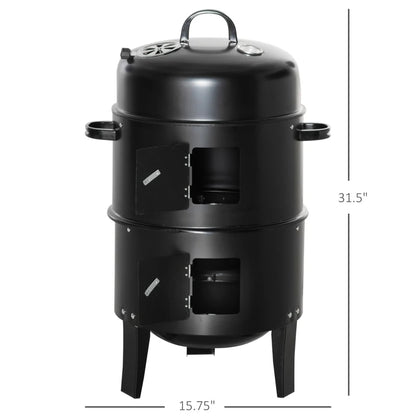 Black vertical charcoal smoker with two front doors and top handle, full front view