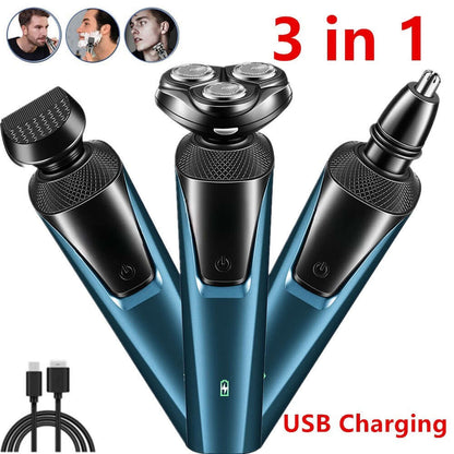 Cordless waterproof electric beard and nose trimmer with blue handle and three shaving heads