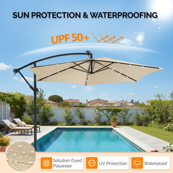 Khaki hanging patio umbrella over outdoor pool deck with black pole