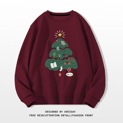 Maroon sweatshirt with a green Christmas tree design on a white background