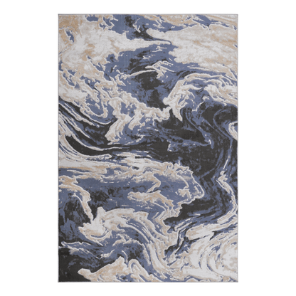 Abstract runner rug, light blue and gray with cream swirls, flat rectangular design