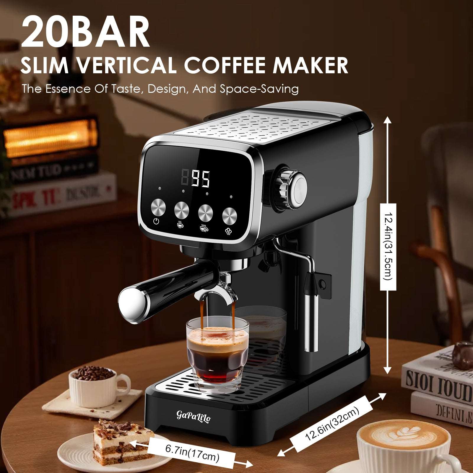 Slim vertical espresso machine in black and silver with steam wand and front dispensing spout