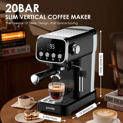 Slim vertical espresso machine in black and silver with steam wand and front dispensing spout