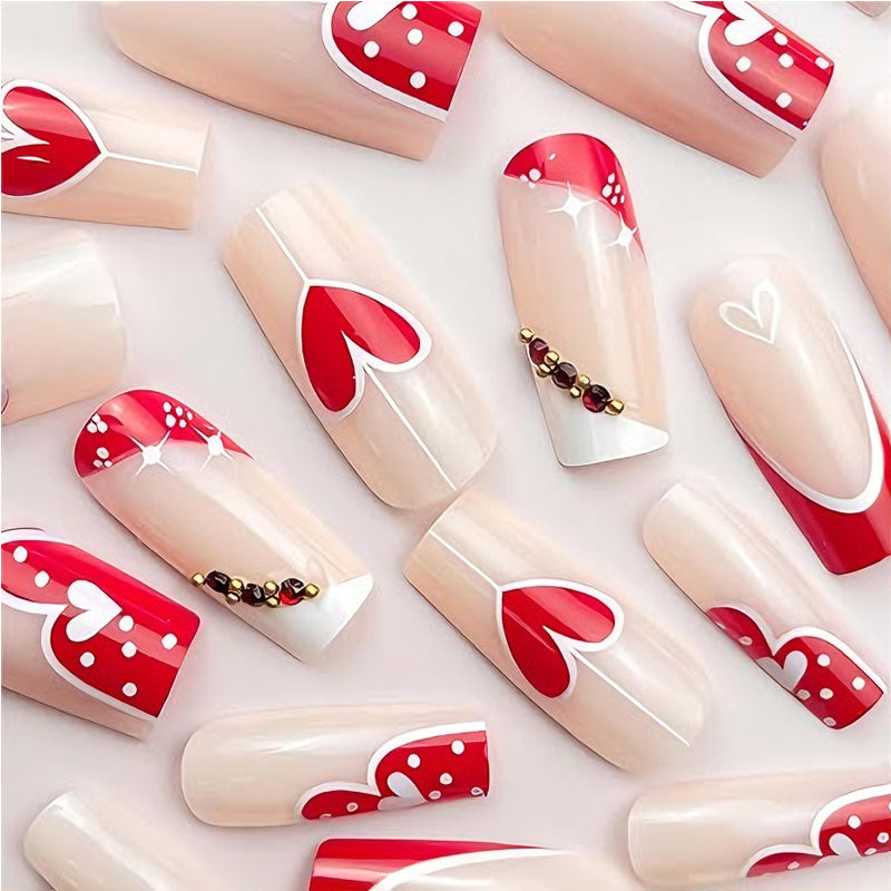 24Pcs Red & White Heart Nails 24 PCS Red And White Heart Nail Art, Lon | Ectron Online
