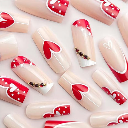 24Pcs Red & White Heart Nails 24 PCS Red And White Heart Nail Art, Lon | Ectron Online