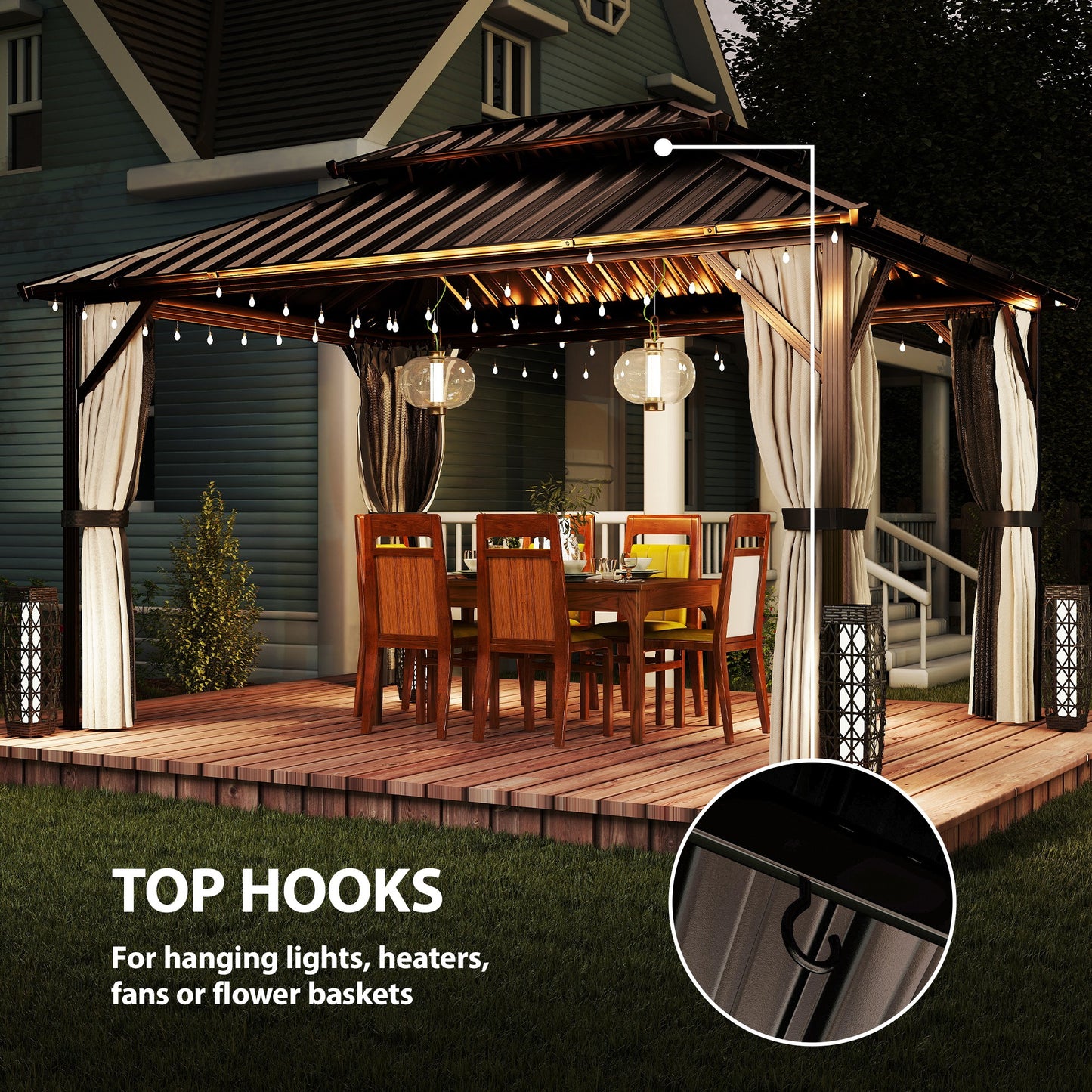 Brown hardtop gazebo with dark roof, sheer curtains, and dining set under string lights