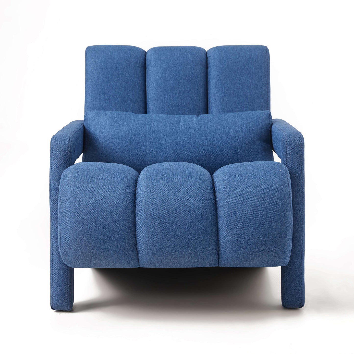 Dark blue upholstered accent chair with tall back and padded front arms