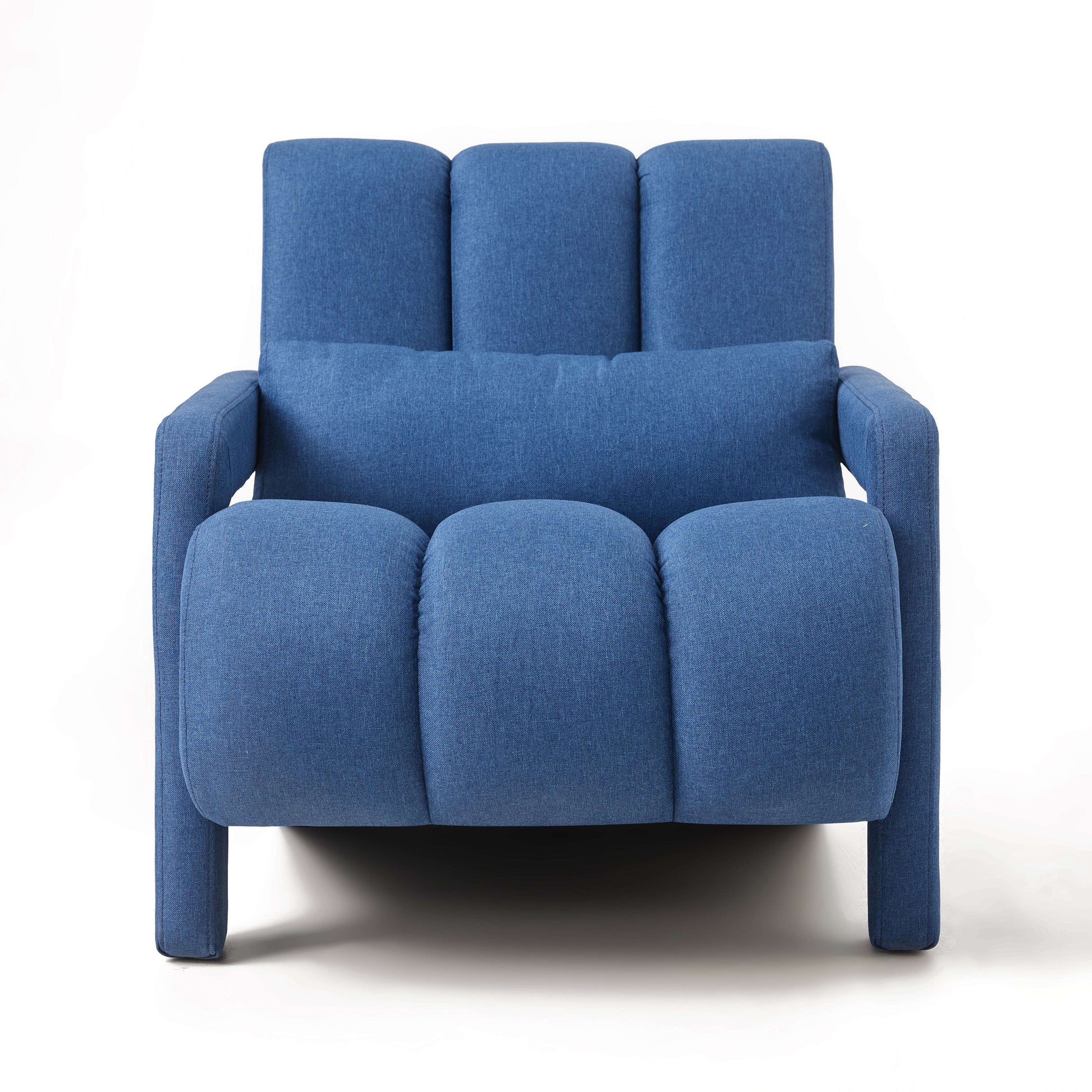Dark blue upholstered accent chair with tall back and padded front arms