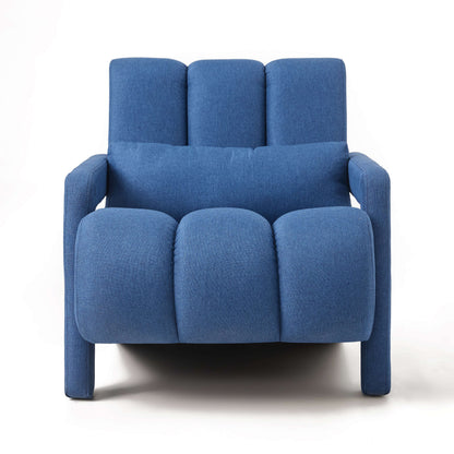 Dark blue upholstered accent chair with tall back and padded front arms