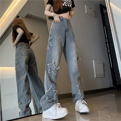 Blue XINGX Embroidered Jeans Women Loose Straight-leg Wide-leg Pants