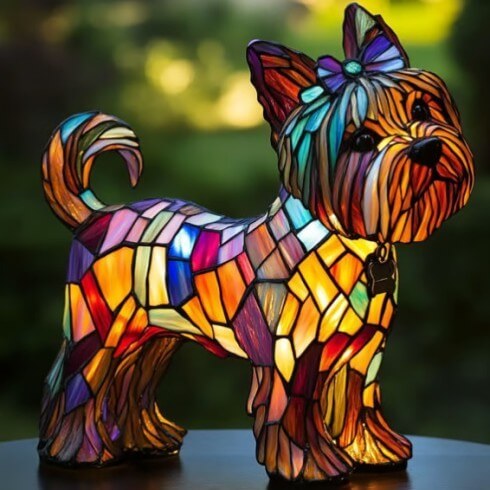Colorful mosaic dog lamp with butterfly bow, standing pose