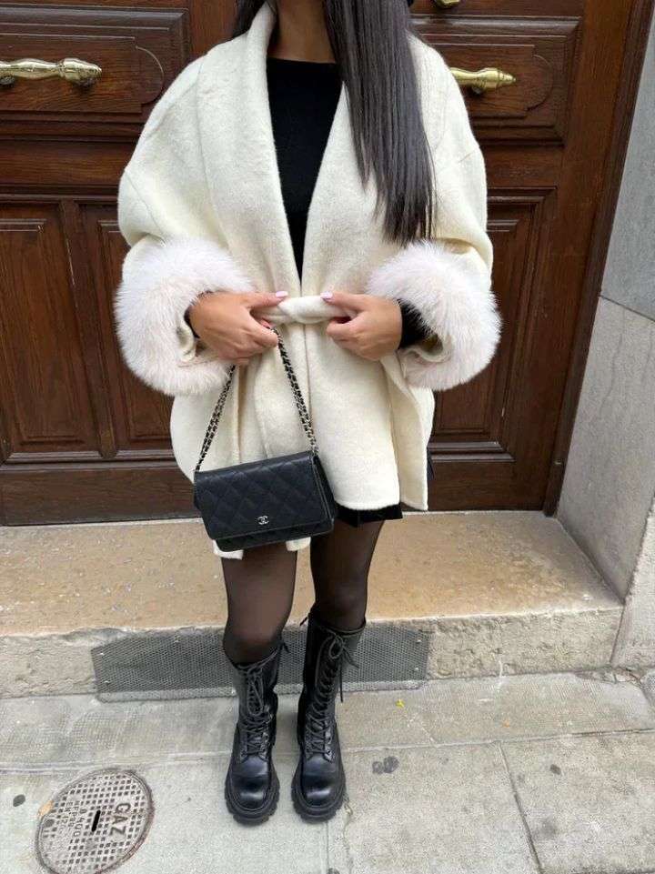 Furry Sleeves Long Coat - Elegant Warm Overcoat Style Furry Sleeves Overcoat Long Coat | Ectron Online