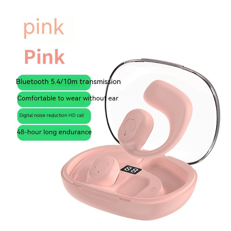 Pink bone conduction headset with earbuds in open charging case, digital display