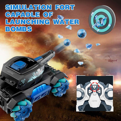 RC stunt tank toy with blue launcher and chunky wheels; dark gray and light blue