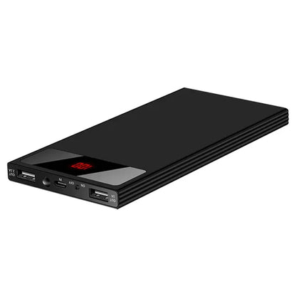 Black ultra-thin power bank with multiple ports and a red battery indicator.