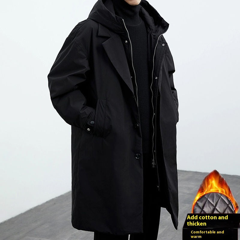 Men's False Two-Piece Hooded Trench Coat - Mid-Length Hooded Jacket