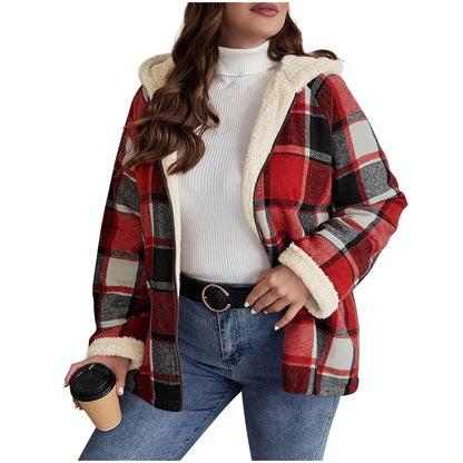 Women's Plaid Fleece-Lined Hooded Coat | Thickened Winter Jacket Plaid Printed Coat Fleece-lined Thickene | Ectron Online