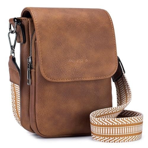 Small crossbody bag, brown textured finish, flap front and crossbody strap with woven trim