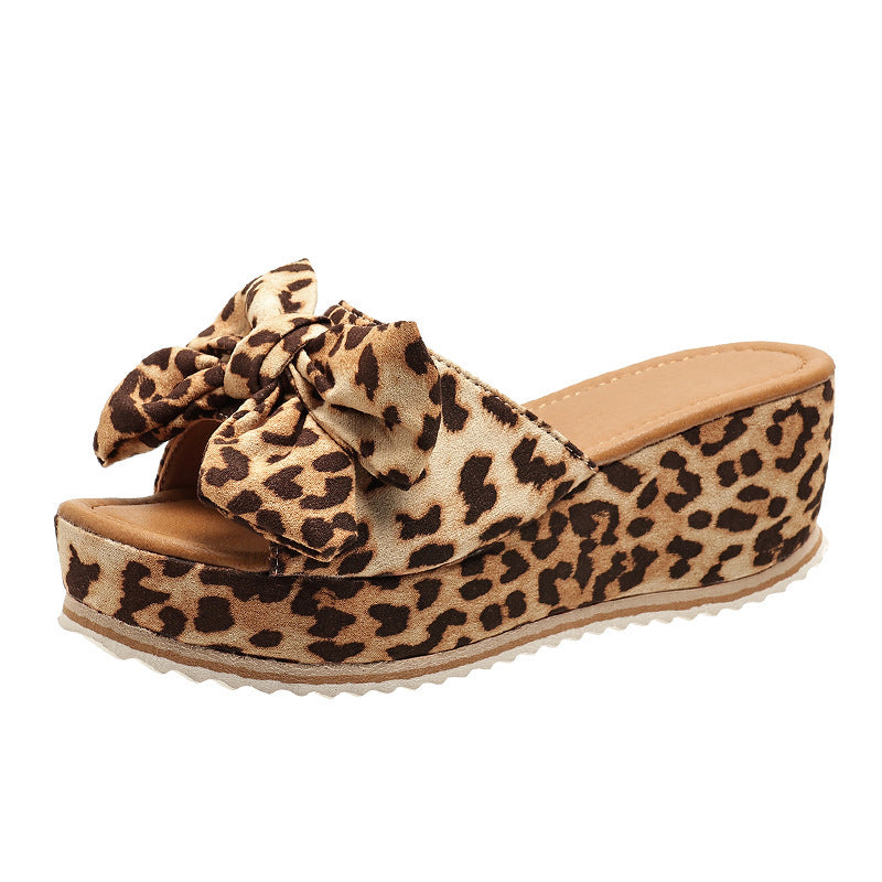 Fashion Bow Leopard Print Wedge Slippers For Women New Thick-sole High Heel Flat Shoes Summer Outdoor Fish Mouth Slippers Fashion Bow Leopard Print Wedge Slippers | Ectron Online
