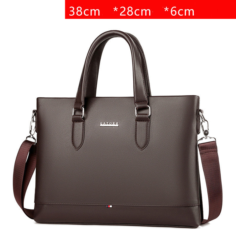Men's soft leather briefcase, large brown with top handles, shoulder strap and front closure