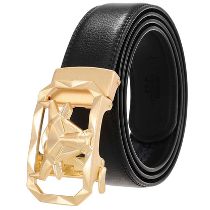 Fashion Men's Leather Belt Alloy Automatic Buckle featuring a sleek black design and a bold gold buckle.