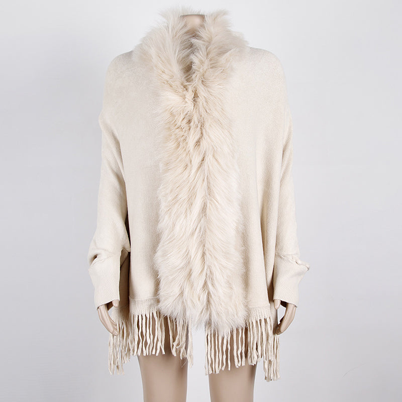 Women's Faux Fur Trim Cardigan | Fringe Hem Winter Poncho Coat