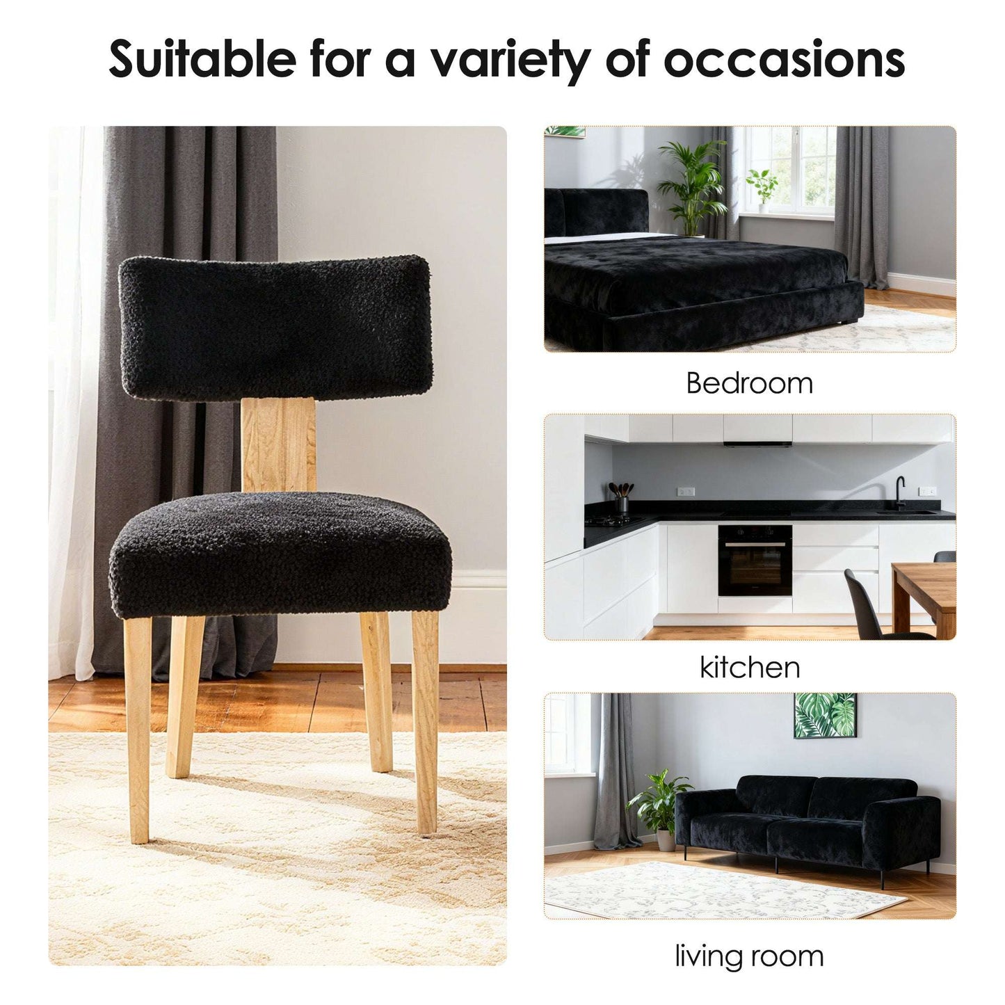 Black upholstered dining chair with tall back and light wood legs