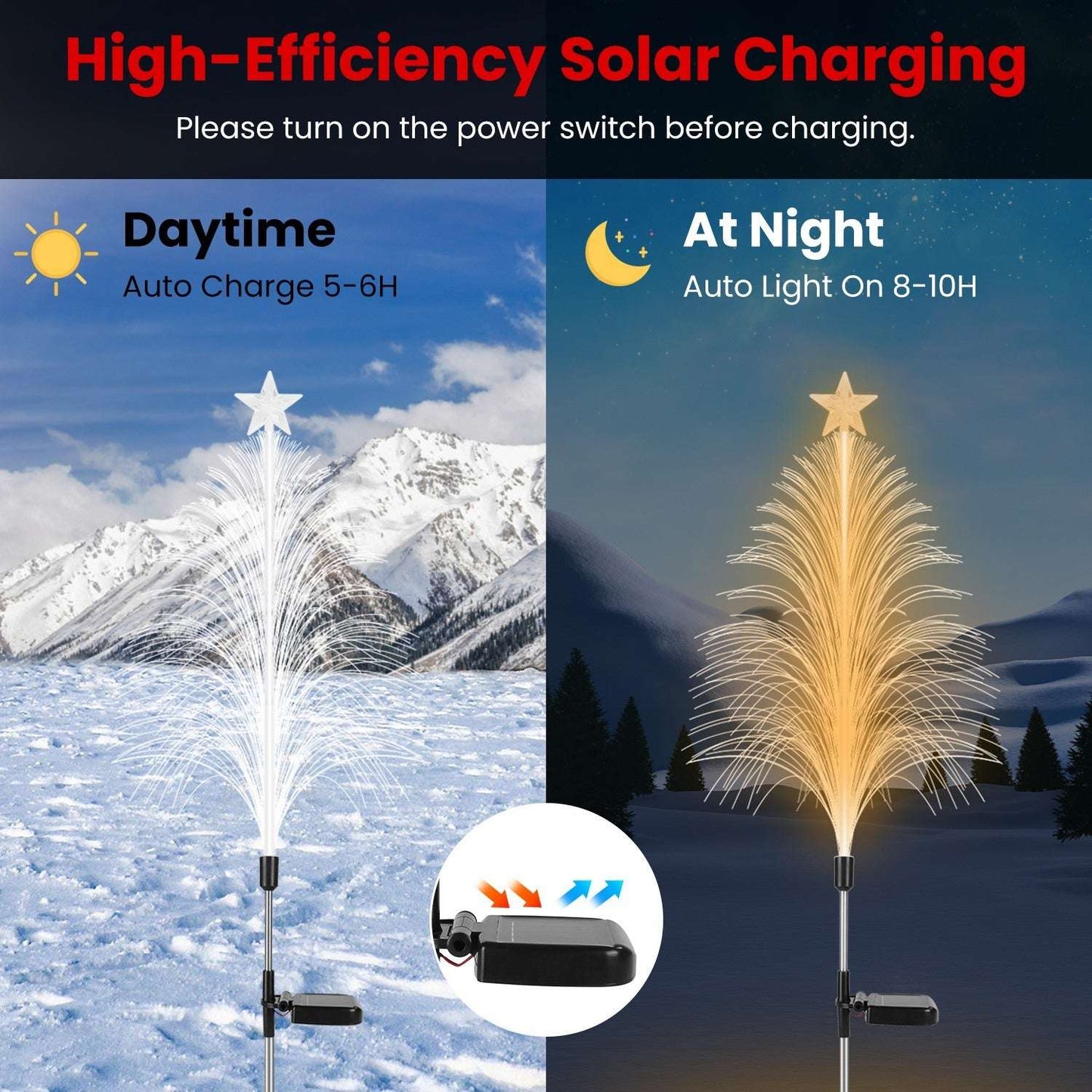 Solar-powered tree light showing daytime and nighttime functionality in a snowy landscape.