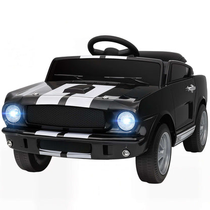 Licensed Ford Shelby GT 350 kids ride-on car, black with white stripes and round LED headlights