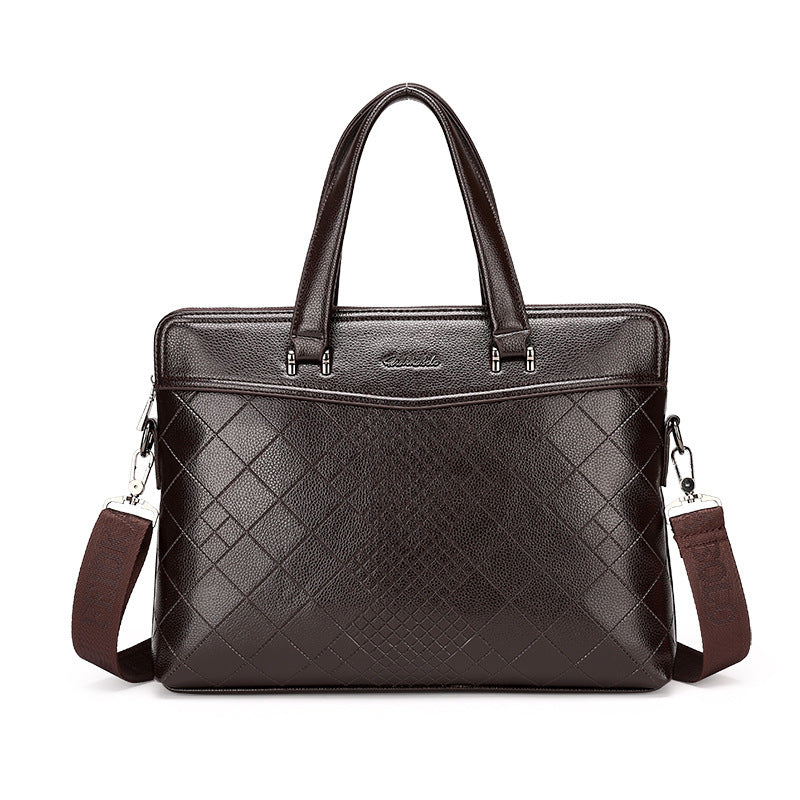 Dark brown leather briefcase with quilted diamond texture, top handles and shoulder straps