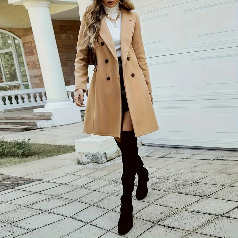 Women's Wool-Like Double-Breasted Coat | Mid-Length Notch Lapel Jacket