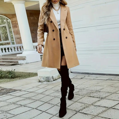 Women's Wool-Like Double-Breasted Coat | Mid-Length Notch Lapel Jacket Women's Solid Color Double-Breasted Wool | Ectron Online