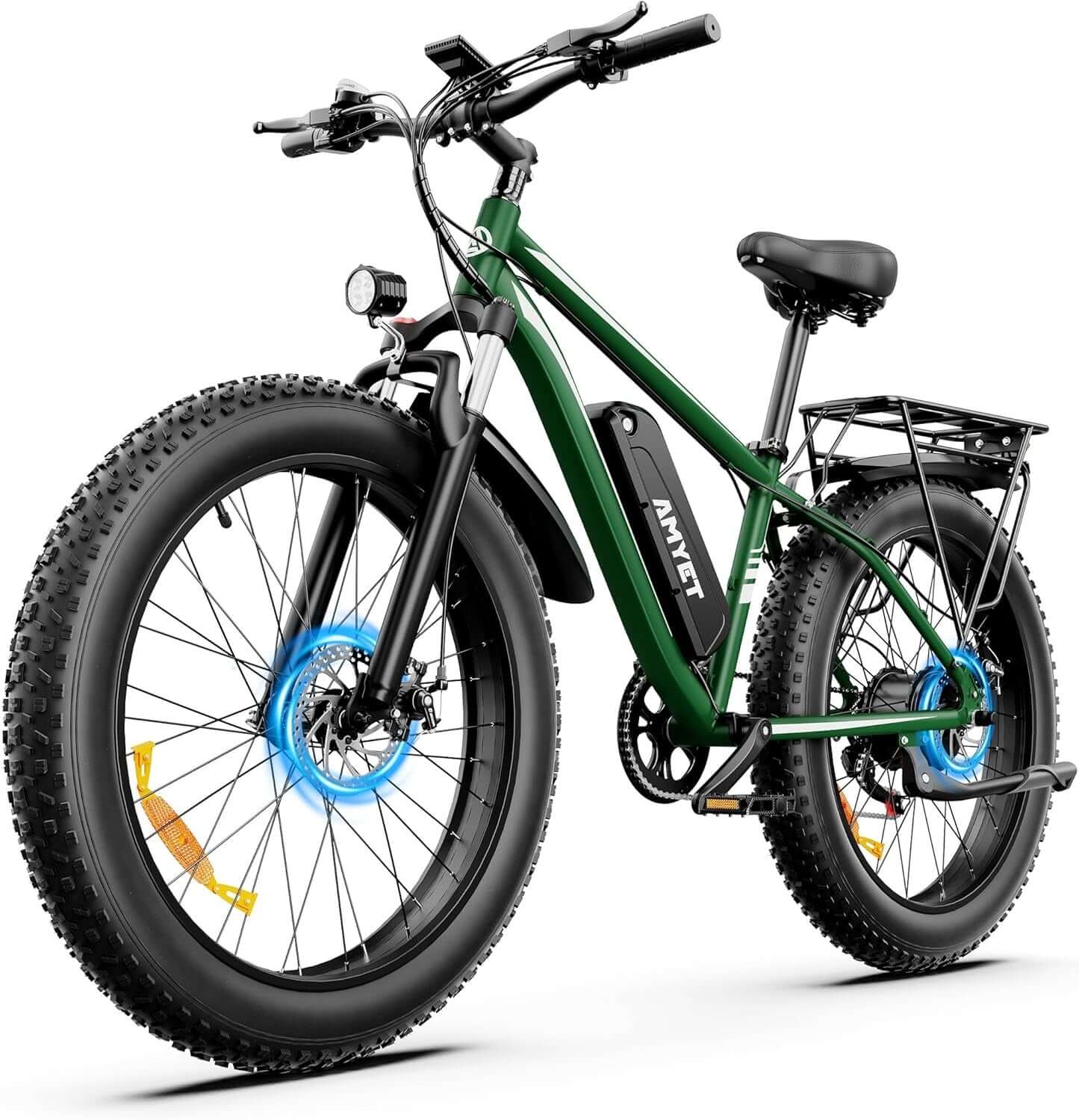 Electric fat tire bike, green frame with front headlight, fenders, and rear cargo rack