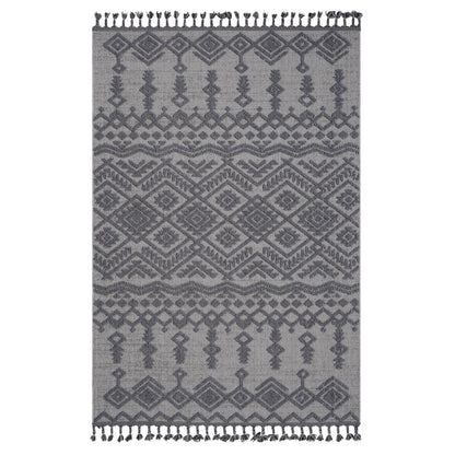 Traditional geometric area rug in light gray and white with corner tassels