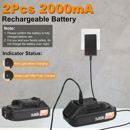 Rechargeable battery charger with two black 18V battery packs and indicator lights