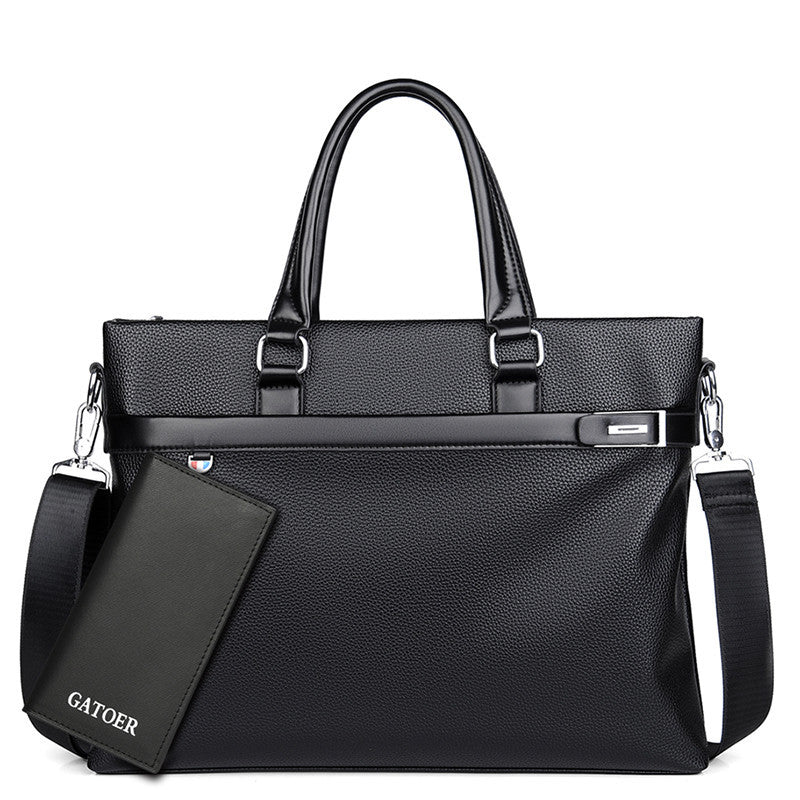 Men's soft leather briefcase, large black with top handles, front zip pocket, side straps