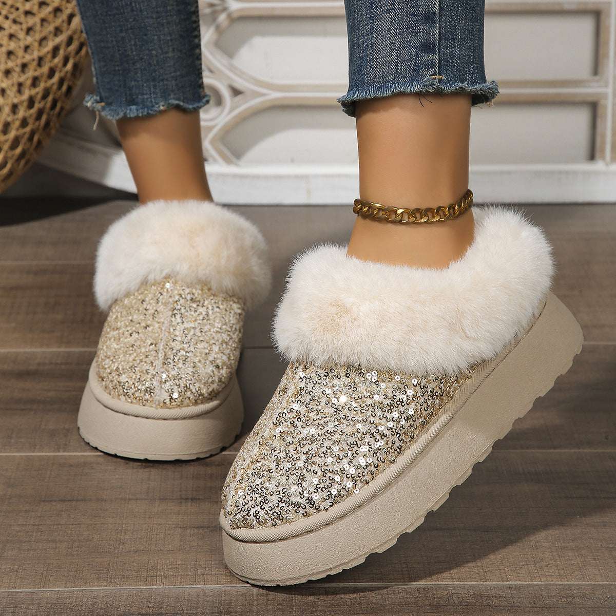 Fashion Sequined Plush Shoes – Thick Sole Warm Winter Slippers Fashion Sequined Thick-soled Plush Shoes | Ectron Online