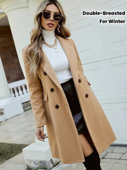 Women's Wool-Like Double-Breasted Coat | Mid-Length Notch Lapel Jacket Women's Solid Color Double-Breasted Wool | Ectron Online