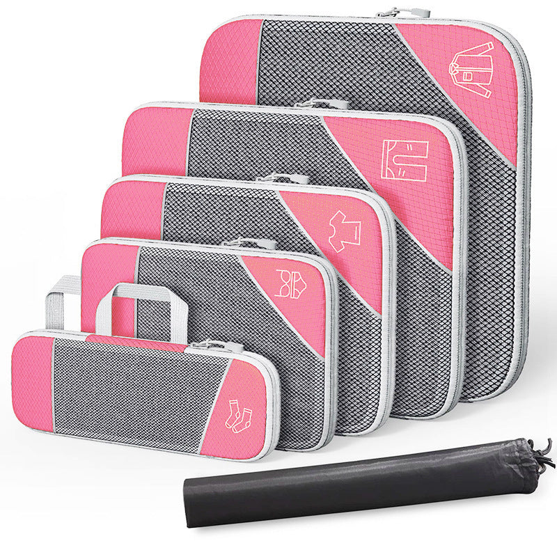 Luggage organizer set with zipper compression bags and shoe bag, pink and gray with icons