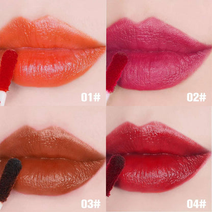 Four lip tint swatches: orange, pink, brown-red, and deep red shades.