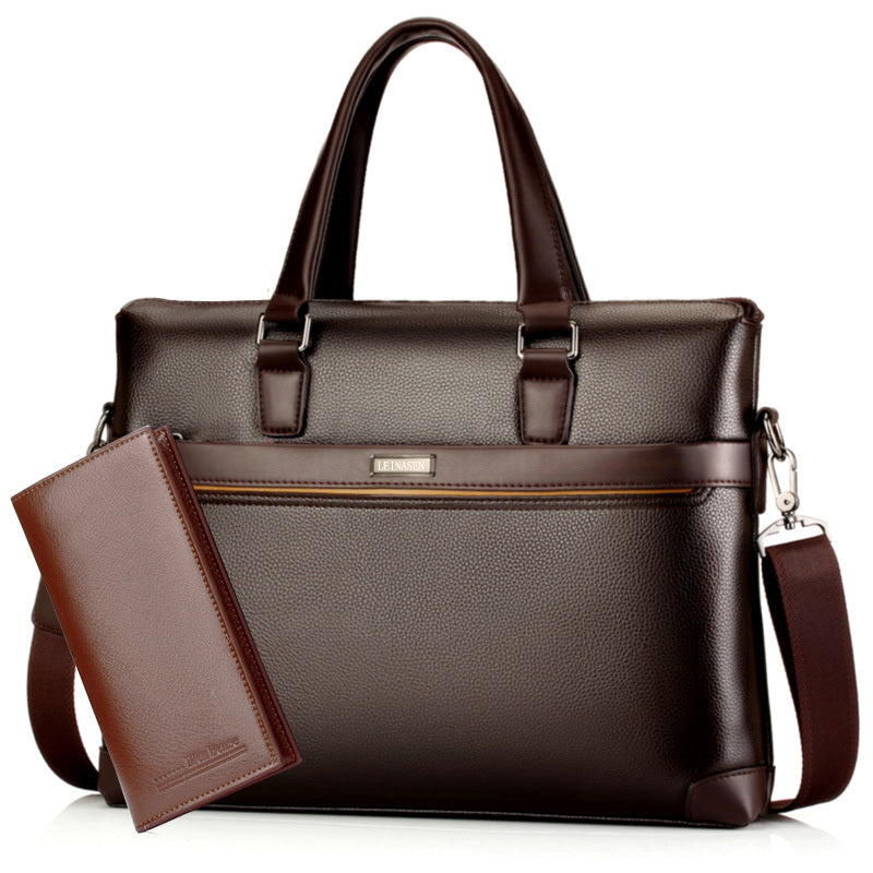 Men's diagonal business handbag, brown leather-look with front zip and matching card pouch