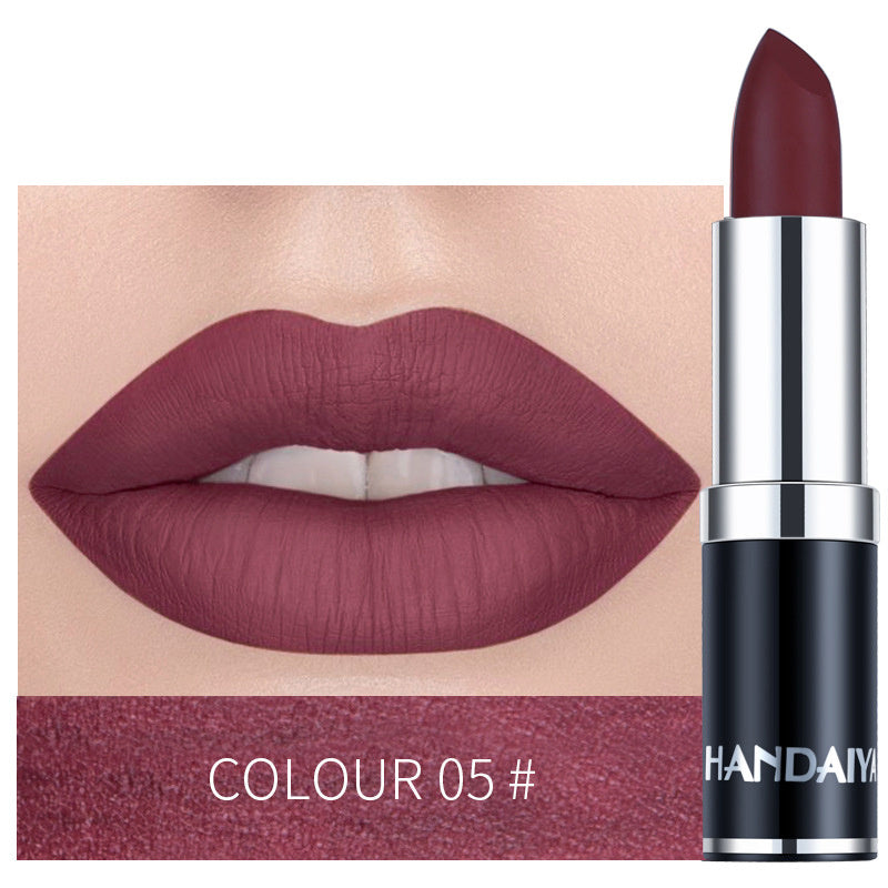 Moisturizing lipstick in mauve plum, shade 05, with silver-and-black tube